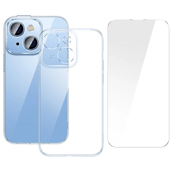 Baseus iPhone 15 Crystal Serisi Silikon Kılıf + Tempered Ekran Koruyucu Set-(5775)