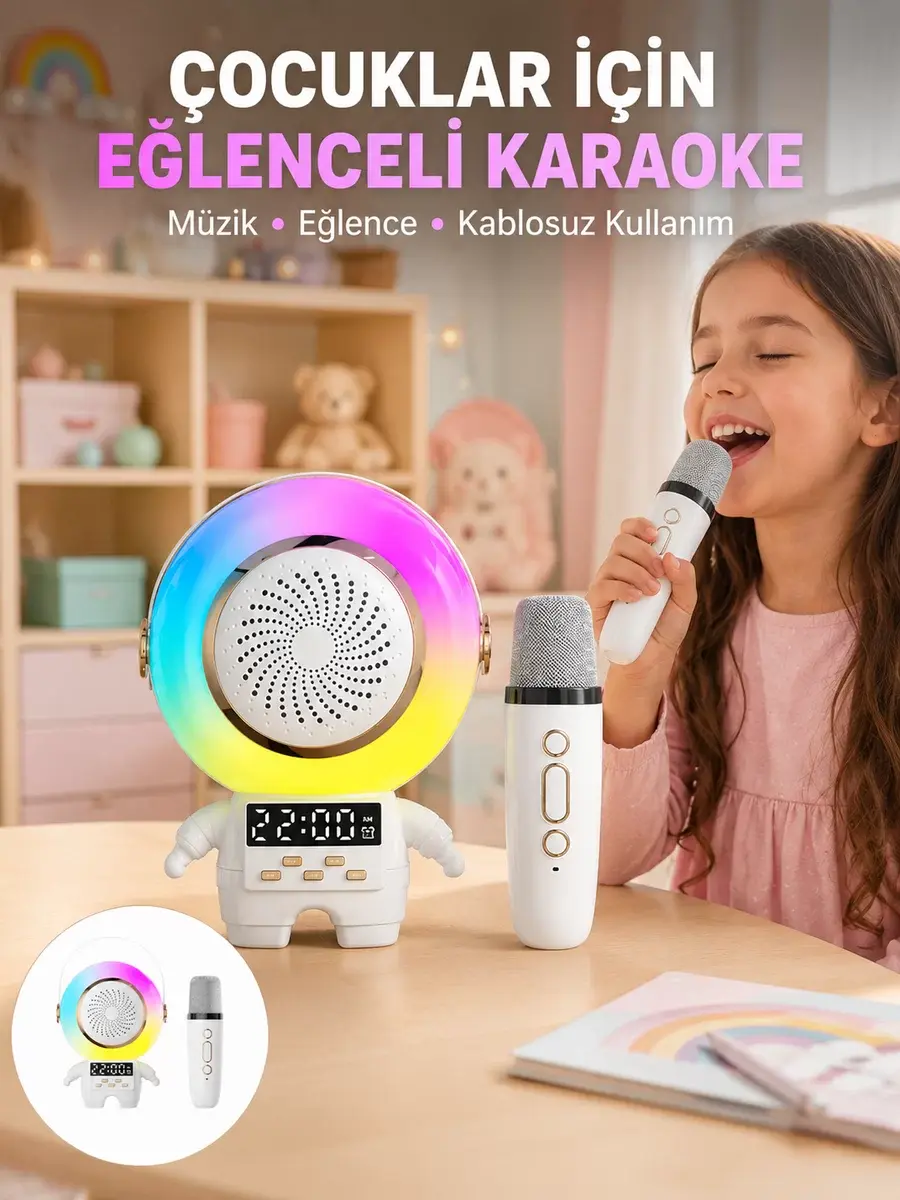Renkli Işıklı Astronot Mini Bluetooth Speaker ve Karaoke Mikrofon