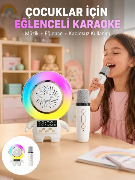 Renkli Işıklı Astronot Mini Bluetooth Speaker ve Karaoke Mikrofon