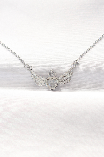 316L Çelik Silver Renk Zirkon Taşlı Kalpli Kanat Kolye 5886