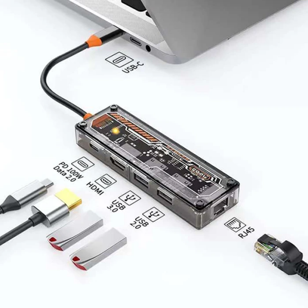ALLY 5in1 Type-c To USB3.0 + USB2.0 + Type-c PD 100W + HDMI + Ethernet Çoğaltıcı Transparan Hub-(5775)