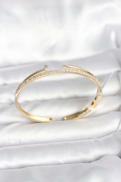 Pirinç Gold Renk Zirkon Taşlı Çivi Model Kadın Kelepçe Bileklik 5886