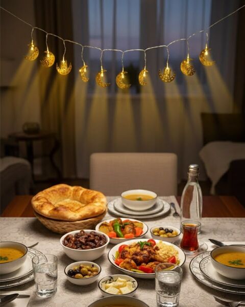 Gold Renk Metal Minareli Hilal LED Işık Pilli Ramazan Süsü