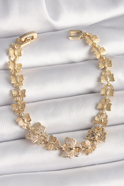 Pirinç Gold Renk Zirkon Taşlı Kelebek Model Zincir Kadın Bileklik 5886