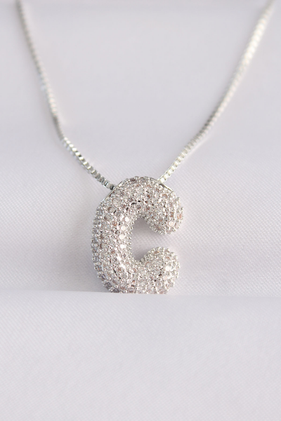 316L Çelik Zincirli Zirkon Taşlı C Harfli Silver Renk Bubble Kolye 5886