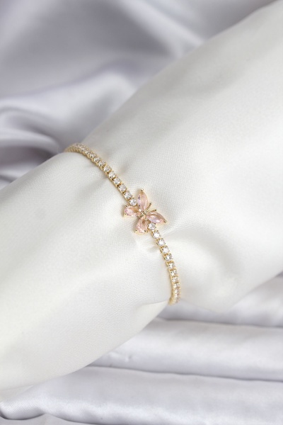 Kelebek Model Zirkon Taşlı Gold Renk Pirinç Su Yolu Kadın Bileklik 5886