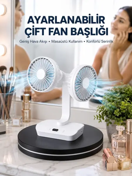 Ayarlanabilir Hızlı Çift Başlıklı Masaüstü Fan – Gece Lambalı Serinletici