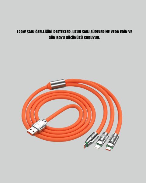 120 W Şarj ve Veri Aktarımı Kablo– 3 Başlıklı Çok Amaçlı Kablo Yüksek Hızlı