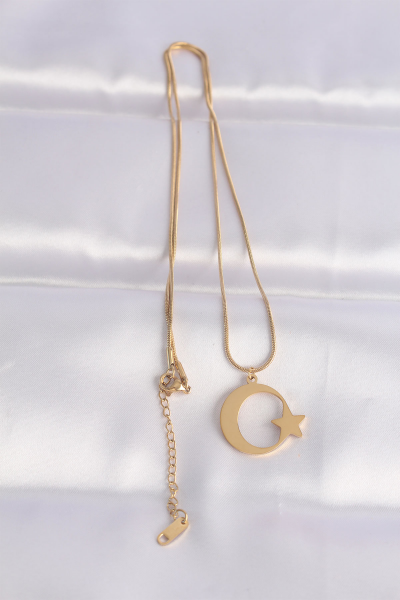 316L Çelik Zincir Gold Renk Ay Yıldız Unisex Kolye 5886