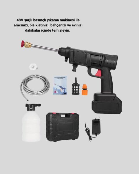 Kablosuz Basınçlı Yıkama Makinesi – 48V Güçlü Motor 2 Pil ve Köpük Hazneli
