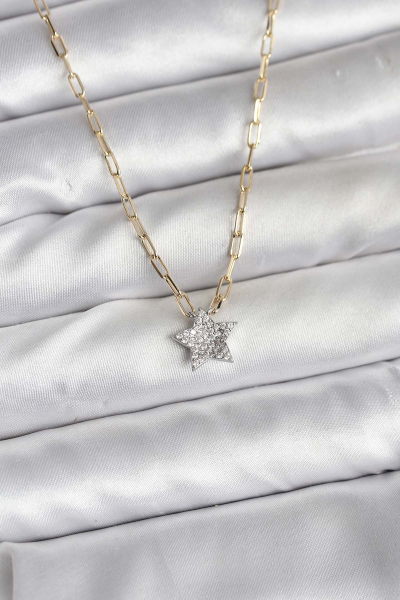 Pirinç Gold Renk Zincirli Zirkon Taşlı Minimal Yıldız Model Kadın Kolye 5886