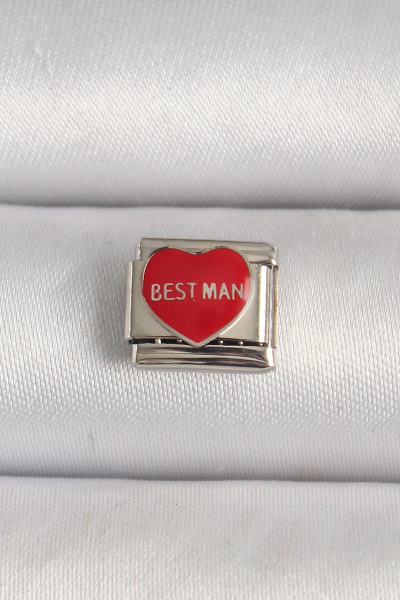 316L Çelik Gümüş Renk 'Best Man' Yazılı Kırmızı Kalp İşlemeli Nomination Charm 5886