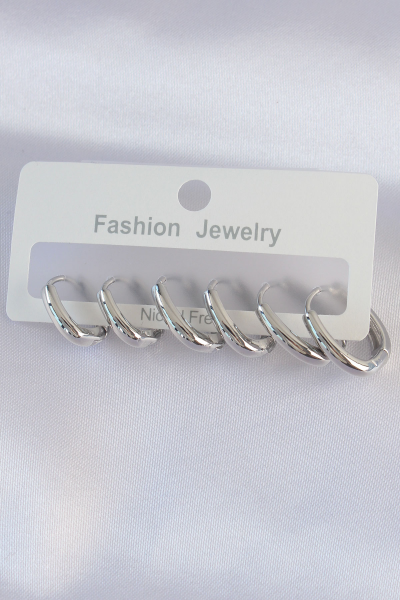 Pirinç Gümüş Renk Oval Küpe Seti 5886