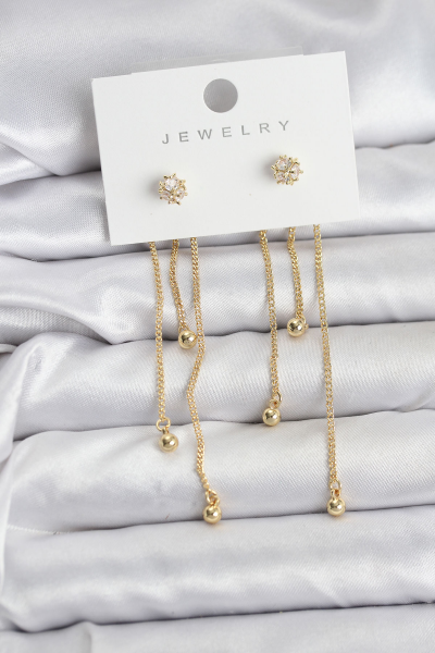 Topçuk Model Gold Renk Pirinç Sallantılı Kadın Küpe Seti 5886