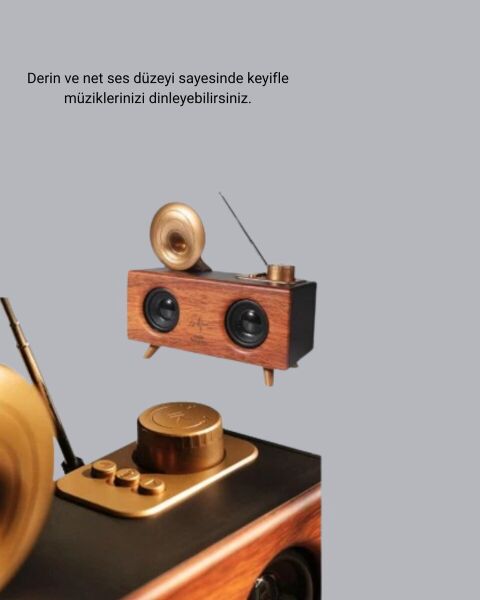 Retro Gramafon Bluetooth Hoparlör Çift Stereo Sesli FM Radyo Destekli