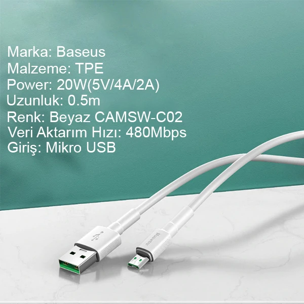 Baseus Mini White Micro USB 4A OPPO VIVO Dash Usb Şarj Kablosu 0.5cm-(5775)