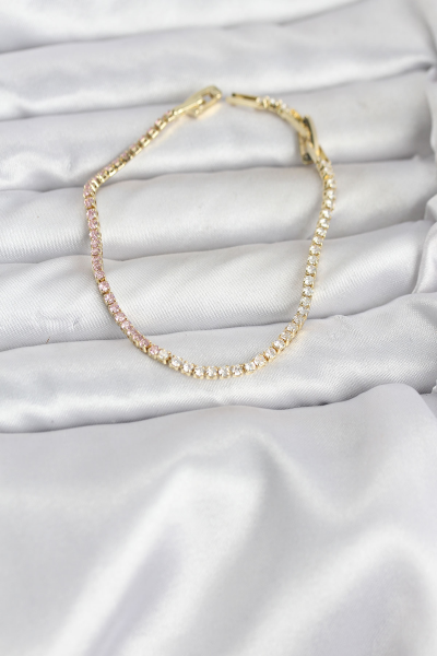 Pembe ve Beyaz Zirkon Taşlı Gold Renk Su Yolu Kadın Bileklik 5886