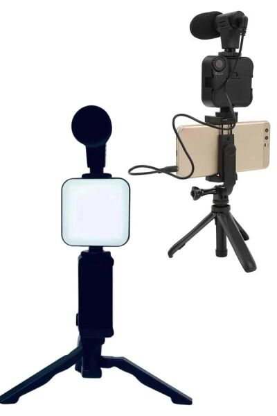 Telefon Tutucu Led Işıklı Kumandalı Mikrofon Telefon Vlog Video Kayıt