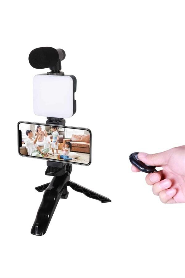 Telefon Tutucu Led Işıklı Kumandalı Mikrofon Telefon Vlog Video Kayıt