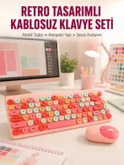 Renkli Retro Tuş Takımlı Klavye – 3 Cihaz Bağlantısı Medya Kısayol Tuşları Yeni Nesil