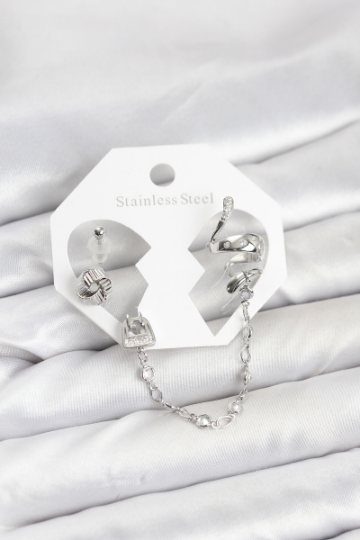 Pirinç Gümüş Renk Yılan Model Zincir Bağlantılı Ear Cuff Küpe Seti 5886