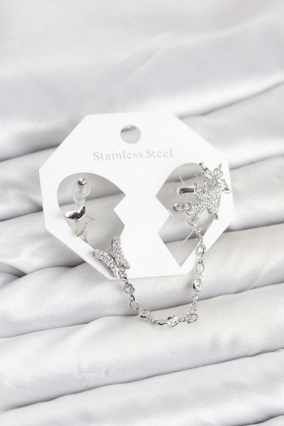 Pirinç Gümüş Renk Kelebek Model Zincir Bağlantılı Ear Cuff Küpe Seti 5886