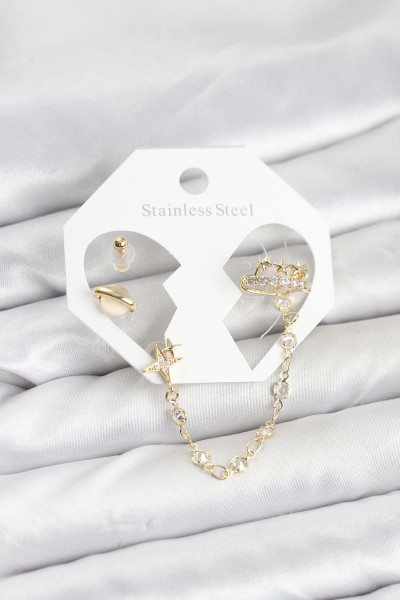 Pirinç Gold Renk Uzay Model Zincir Bağlantılı Ear Cuff Küpe Seti 5886
