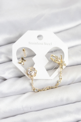 Pirinç Gold Renk Kelebekli Model Zincir Bağlantılı Ear Cuff Küpe Seti 5886