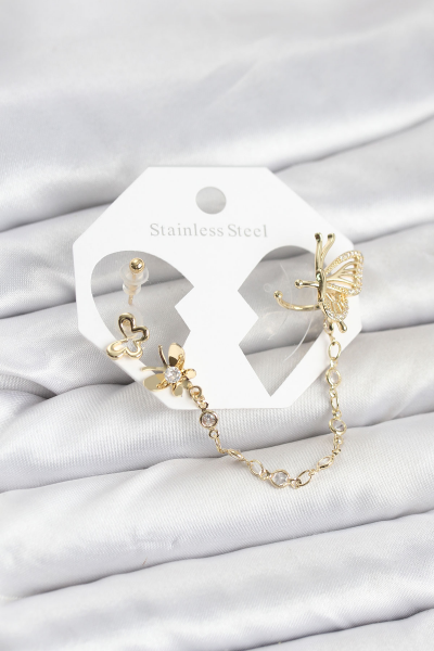 Kelebekli Model Pirinç Gold Renk Zincir Bağlantılı Ear Cuff Küpe Seti 5886