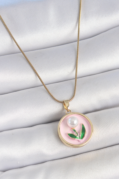 316L Çelik Gold Renk Zincir Pembe Mineli İncili Çiçek İşlemeli Portre Model Kadın Kolye 5886