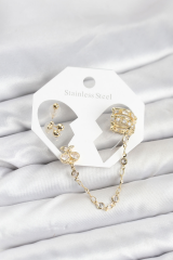 Kiraz Model Pirinç Gold Renk Zincir Bağlantılı Ear Cuff Küpe Seti 5886