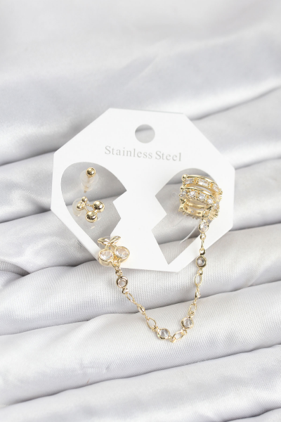 Kiraz Model Pirinç Gold Renk Zincir Bağlantılı Ear Cuff Küpe Seti 5886