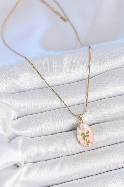 316L Çelik Gold Renk Zincir Pembe Mineli Oval İncili Çiçek İşlemeli Portre Model Kadın Kolye 5886