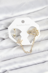 Kutup Yıldızı Model Pirinç Gold Renk Zincir Bağlantılı Ear Cuff Küpe Seti 5886
