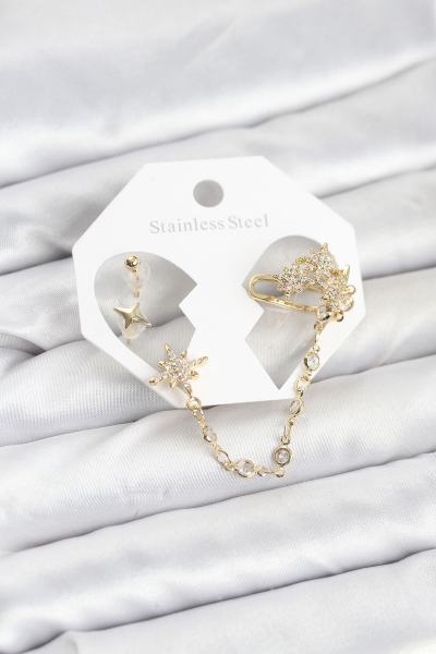 Kutup Yıldızı Model Pirinç Gold Renk Zincir Bağlantılı Ear Cuff Küpe Seti 5886