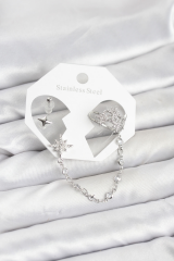 Kutup Yıldızı Model Pirinç Gümüş Renk Zincir Bağlantılı Ear Cuff Küpe Seti 5886