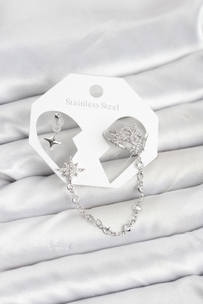 Kutup Yıldızı Model Pirinç Gümüş Renk Zincir Bağlantılı Ear Cuff Küpe Seti 5886