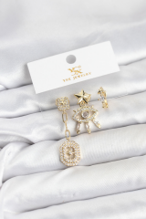 Pirinç Gold Renk Göz ve Kutup Yıldızı Model YSX Trio Küpe Seti 5886