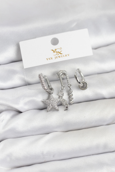 Pirinç Gümüş Renk Zirkon Taşlı Yıldız Vintage Model YSX Trio Küpe Seti 5886