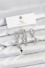 Pirinç Gümüş Renk Zirkon Taşlı Uzay Model YSX Trio Küpe Seti 5886