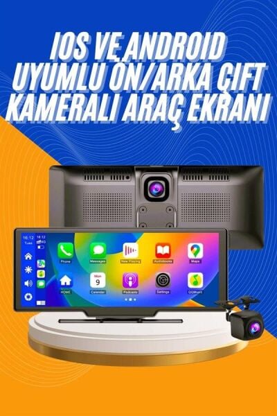 Android ve İOS Uyumlu Ön Arka Çift Kameralı Araç Ekranı Dokunmatik CarPlay