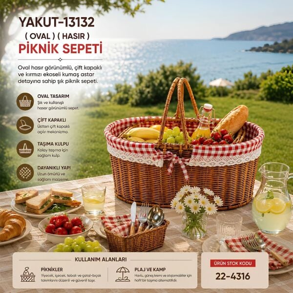 Yakut Bezli Oval Piknik Sepeti | Piknik ve Saklama Sepeti