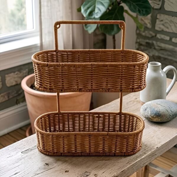 Yakut Hasır Gri 2 Katlı Oval Organizer Sepet