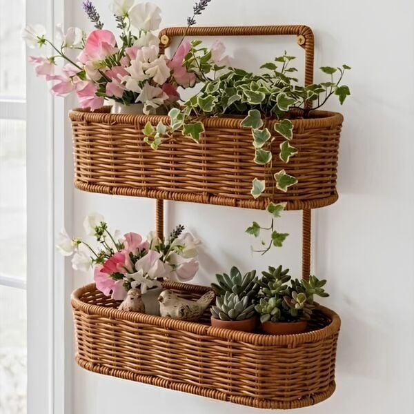 Yakut Hasır Gri 2 Katlı Oval Organizer Sepet
