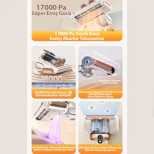 Ezere DustAway 17000Pa Güçlü Kablosuz Akar ve Toz UV Işıklı Yatak ve Koltuk Temizleyici-(5775)