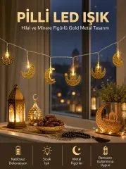 Pilli Minareli Hilal LED Işık Gold Metal Ramazan Dekorasyonu