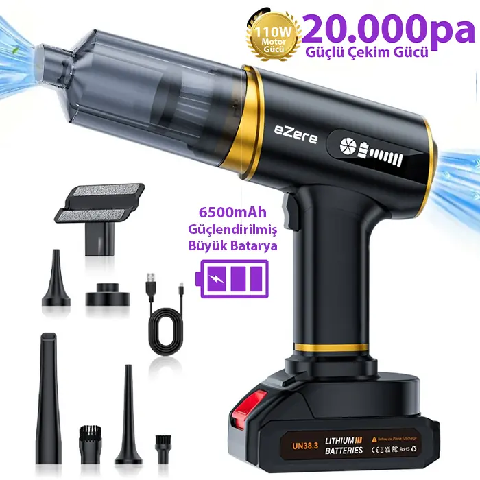 EZERE ST-6609C 20000pa Güçlü Dijital Göstergeli Vakumlu Kablosuz Üflemeli Araç Süpürgesi-(5775)
