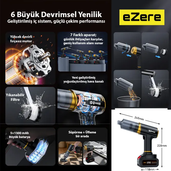 EZERE ST-6609C 20000pa Güçlü Dijital Göstergeli Vakumlu Kablosuz Üflemeli Araç Süpürgesi-(5775)