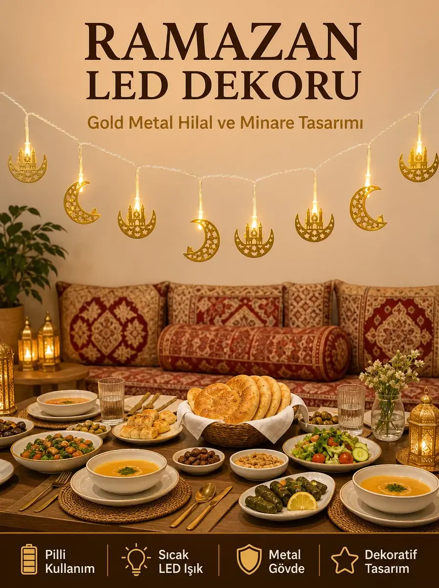 Minareli Hilal LED Işık Gold Metal Gövdeli Pilli Ramazan Dekoru