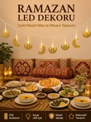 Minareli Hilal LED Işık Gold Metal Gövdeli Pilli Ramazan Dekoru